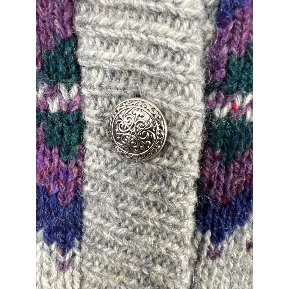Vintage Alps Sweater Outdoors Cardigan Women Medium Grey Purple Fair Isle Wool - Picture 3 of 8
